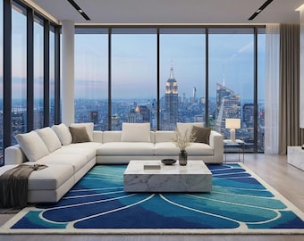Ocean Blue Modern Abstract Wool Rug – Hand-Tufted Seashell Design