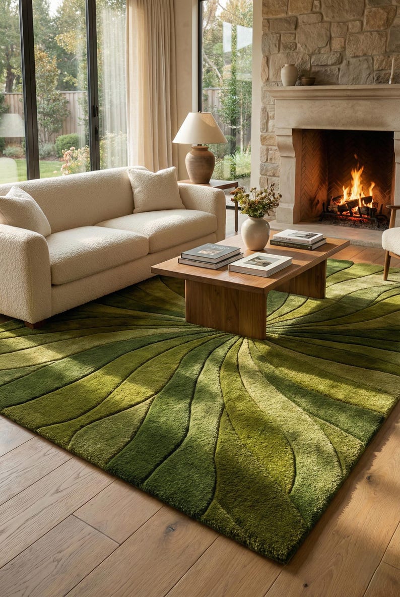 Hand-tufted 3D Sunburst Area Rug | Sculptural Gradient Green Shade ...