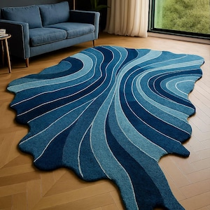 Modern Style Rug Hand Tufted Irregular Shape Modern Wool Area Rug – Blue & Turquoise Handwoven Carpet for Living Room or Bedroom Decor 5x8
