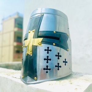 Medieval Battle Helmet Knight Templer Crusader Helmet Collectors Authentic With Silver Finish 18 Guage