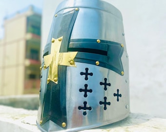 Medieval Battle Helmet Knight Templer Crusader Helmet Collectors Authentic With Silver Finish 18 Guage