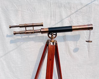Telescopio in ottone in stile antico fatto a mano con treppiede in legno regolabile / Arredamento vintage per la casa / Navigazione marittima