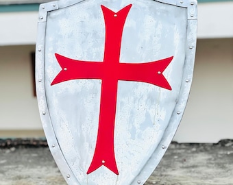 Ręcznie robiona średniowieczna tarcza krzyżowca: Czerwony Krzyż Templariuszy, Cosplay Rycerza - 24 cale