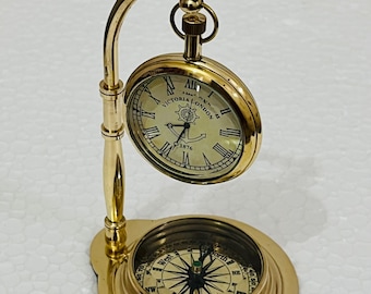 Brass Shiny Polished Table Clock and Compass Desk Handmade Item