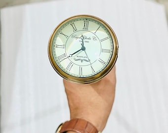 Antique Brass Clock Handle Walking Stick: Vintage Gentleman's Cane