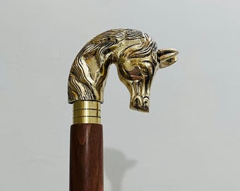 Horse Head Brass Handle Wooden Walking Stick Handmade Foldable Walking Cane