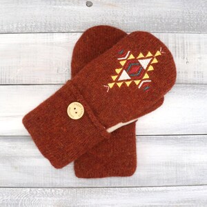 Southwestern Style Wool sweater mittens, womens mittens, Fleece-lined mittens, upcycled sweater, wool mittens, Sugar Creek Mittens