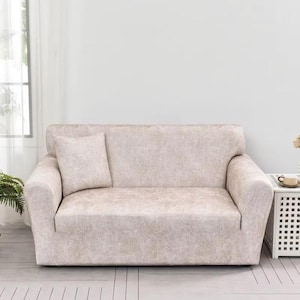 May include: Beige two-seater sofa with a matching cushion. The sofa has a textured finish and is in a bright room. The neutral colour scheme suggests a modern or minimalist interior design style. A small side table is visible.