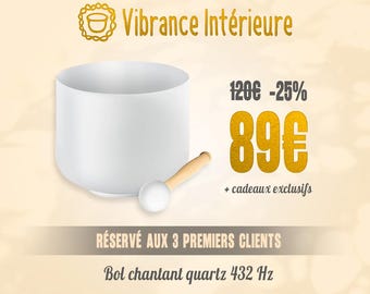 Può includere: Una ciotola cantata in quarzo bianco con un martello di legno e una sfera bianca. L'immagine include il testo "Vibrance Intérieure" e "Bol chantant quartz 432 Hz". Strumento musicale per la guarigione del suono e la meditazione.