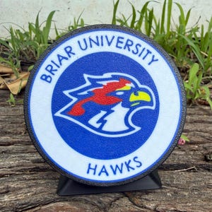May include: A circular sign featuring the Briar University Hawks logo. The design includes a blue background with a white border, the text BRIAR UNIVERSITY HAWKS in blue, and a stylized hawk head graphic in red, white, blue, and yellow colors.
