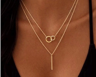 Gold Layered Necklace Set, Double Chain Necklace, Interlocking Circle Pendant, Minimalist Bar pendant Necklace, Dainty Gold Jewelry Gift her