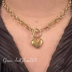 Tarnish Free 18k Chunky Heart Necklace Gold, Toggle Necklace, Toggle Clasp Chain Stacking Necklace, Chunky Pendant Necklace, Chunky Necklace