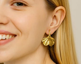 Gold Ginkgo Leaf Earrings, Botanical Statement Earrings, Nature Inspired, Leaf Drop Earring – Bold Sculptural Earrings, floral gold earrings