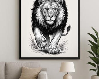 Ilustración de león poderoso / PNG en blanco y negro / Diseño de camiseta / Clipart de animal atrevido / Descarga digital con fondo transparente