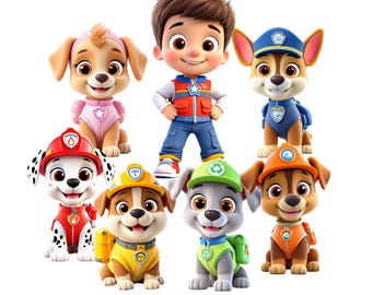 Cute Rescue Puppy Clipart Set for Kids – Cartoon Dog Team Stickers – Boy Leadership Character – Nursery Wall Art – 4096×4096 PNG