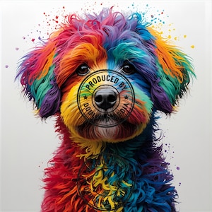 May include: A colorful illustration of a dog with rainbow-colored fur. The dog's fur is a mix of red, orange, yellow, green, blue, and purple. The image has a white background and the text "PRODUCED BY DOU MEDIA" is stamped on the dog's nose.