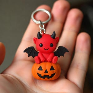 Kleiner Dämonen-Kürbis-Schlüsselanhänger, handbemaltes Harz, Halloween-Accessoire, gruseliger Fledermausflügel-Teufelsanhänger