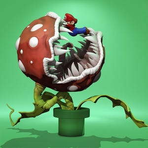 May include: A 3D model of a Piranha Plant from the Super Mario video game series, with Mario on its teeth. The plant is red with white spots, white teeth, and green leaves, against a green backdrop.