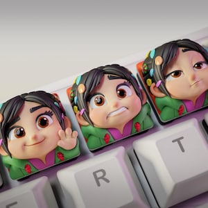 May include: Close-up of a white keyboard with custom keycaps featuring a cartoon character with various facial expressions. The keycaps are colorful and detailed, with the character wearing a green jacket and a pink shirt. The keyboard keys are labeled with letters and numbers.