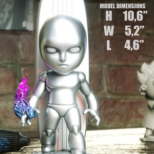 May include: A silver figurine of a character with a surfboard. The figurine is holding a purple and blue flame. The model dimensions are: Height 10.6", Width 5.2", Length 4.6". The figurine is standing on a gray base.