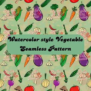 May include: A seamless pattern in a watercolour style, featuring illustrations of various vegetables such as corn, carrots, and aubergines. The text "Watercolor style Vegetable Seamless Pattern" is displayed on a green background.