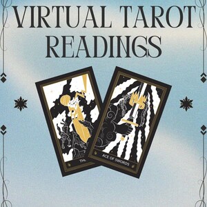 Könnte beinhalten: Werbebild für virtuelle Tarot-Lesungen. Es zeigt zwei Tarotkarten mit schwarzen und goldenen Illustrationen vor einem hellblauen Hintergrund. Der Text "VIRTUAL TAROT READINGS" ist oben zu sehen.