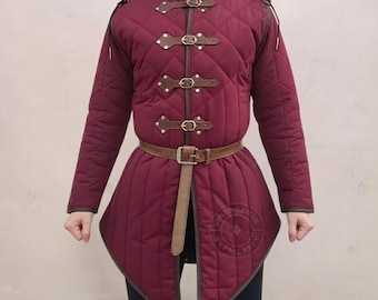 Women Medieval Gambeson Wine Color with Brown Leather Trim LA-165 Easter