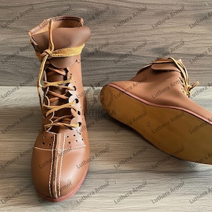 Roman Vindolanda style leather boots in brown, historical Roman reenactment footwear with ankle-high design
