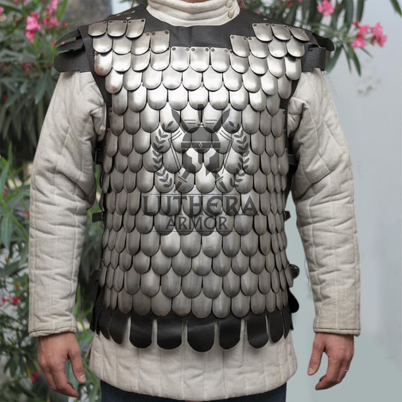 Detail of handcrafted steel scale armor texture