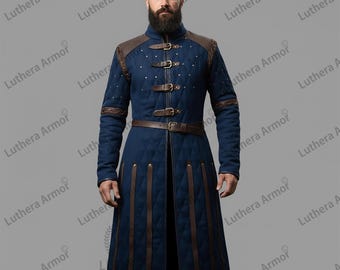 Traje medieval Gambeson – Jaqueta acolchoada com detalhes em couro marrom LA-50 – LARP Feira Renascentista