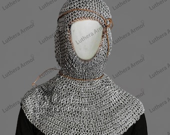 Chainmail Coif Face Covered, 9mm Flat Ring Riveted With Washer For Viking & Renfaire Armor