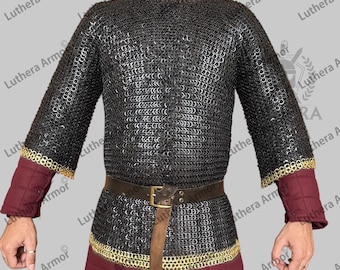 Camisa de cota de malla remachada de 9 mm con ribete de latón: cota de malla de caballero medieval para LARP