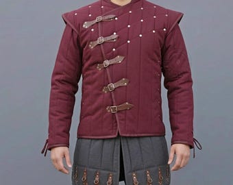 Ren Faire Gambeson Maroon Color with Dark Gray Medieval Costume LA-60 for Larp Events