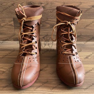Back view of Roman reenactment boots made from genuine brown leather with secure ankle fit