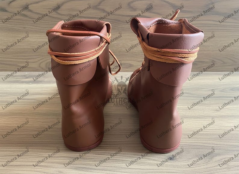 Side view of Roman leather boots inspired by Vindolanda archaeological finds, brown historical reenactment shoes