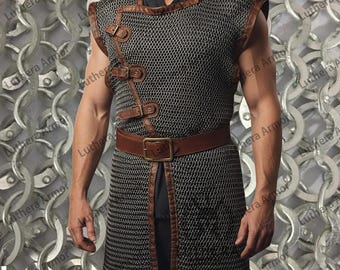 9MM Chainmail Hauberk Sleeveless: Round Ring Riveted with Washer Aluminium LA-63 Brown Leather Trim