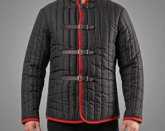 Medieval Gambeson Black With Red Trim LA-58 For Renfaire Costume