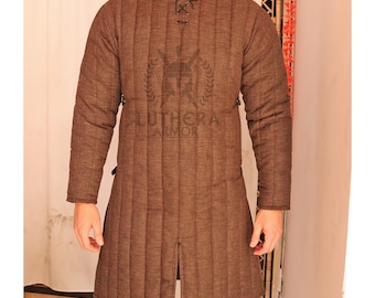 Gambeson de linho acolchoado medieval: marrom LA-11 para Renfair SCA & Larp