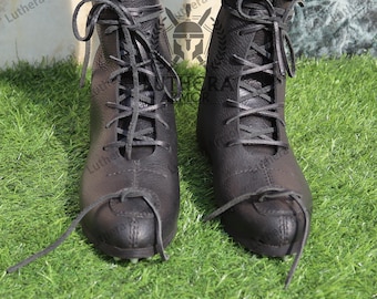 Medieval Leather Boots: Black HMB Renfaire Shoes with Flat Hobnails LA-19 Easter