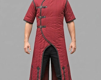Medieval Long Gambeson: Cotton Padded Red with Black Leather Trim LA-64 for Medieval Armour