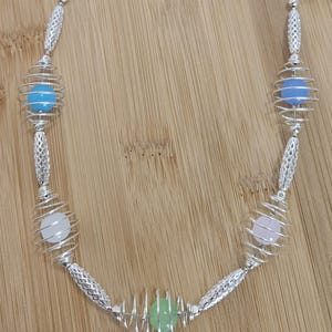 Multi-Colored Glass Bead Necklace: Silver Plate Cage Pendant, 22&quot; Chain