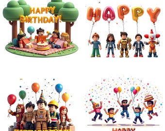 Gamerverjaardag PNG: 3D-blokpersonages, cake en ballonnen (digitale download)