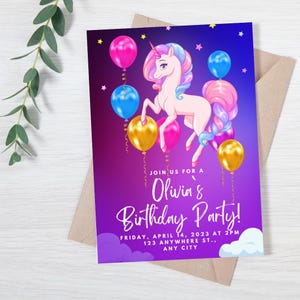 Pastel Rainbow Unicorn Birthday Invitation Card, Sparkle Party Card, Canva Editable, Digital & Printable