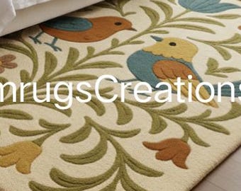 Hand Tufted Wool Bird Floral Rug, Nature Inspired Botanical Carpet