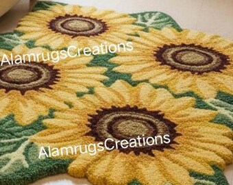 Yellow Green Sunflower Hand Tufted Wool Rug 3x4 Floral Bedroom Decorative Accent Rug