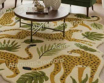 Hand Tufted Leopard Rug, Tropical Jungle Wool Area Rug, Safari Carpet