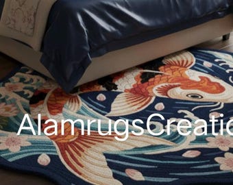 Hand Tufted Wool Koi Fish Rug, Japanese Art Carpet, Navy Blue Ocean Wave
