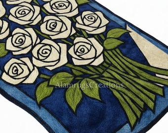 Hand Tufted Rose Wool Rug, Blue Floral Bouquet Area Carpet