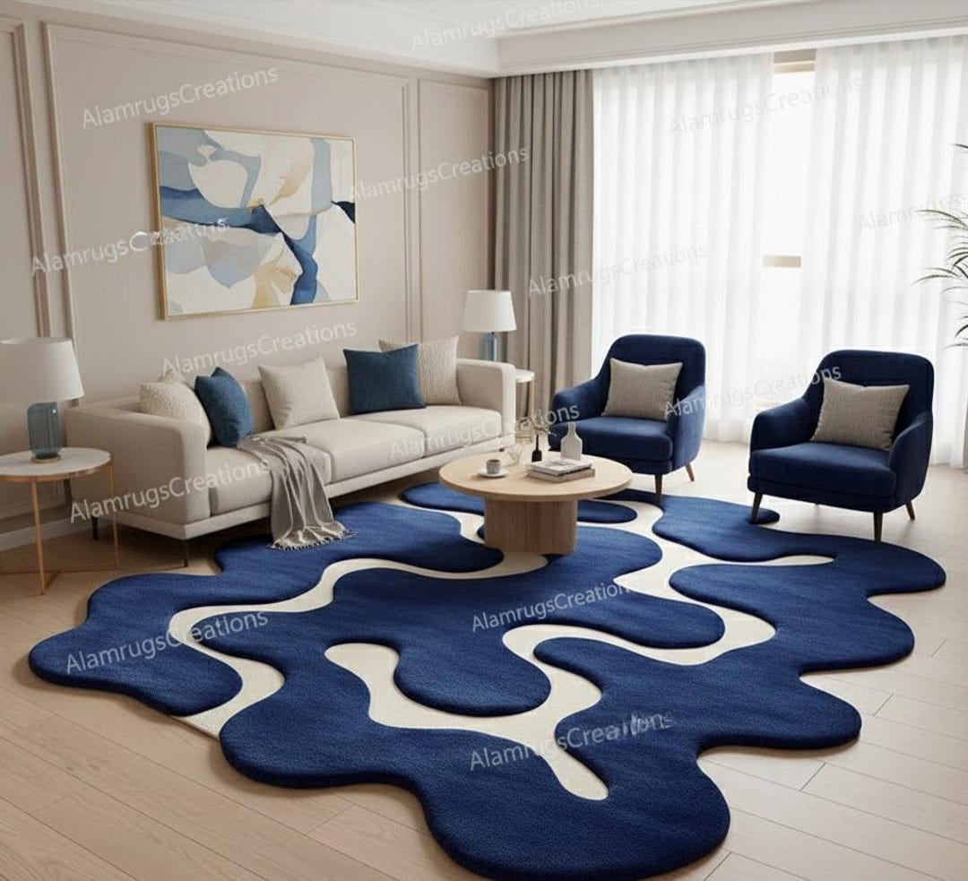 Blue Abstract Hand Tufted Area Rug, Modern Irregular Shape Living Room ...