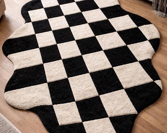 Hand Tufted Wool Checkerboard Rug, Wavy Black Ivory Carpet, Modern Living Room Decor